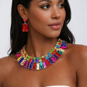 Y2K Rainbow Bling Rhinestone Collar Necklace Set